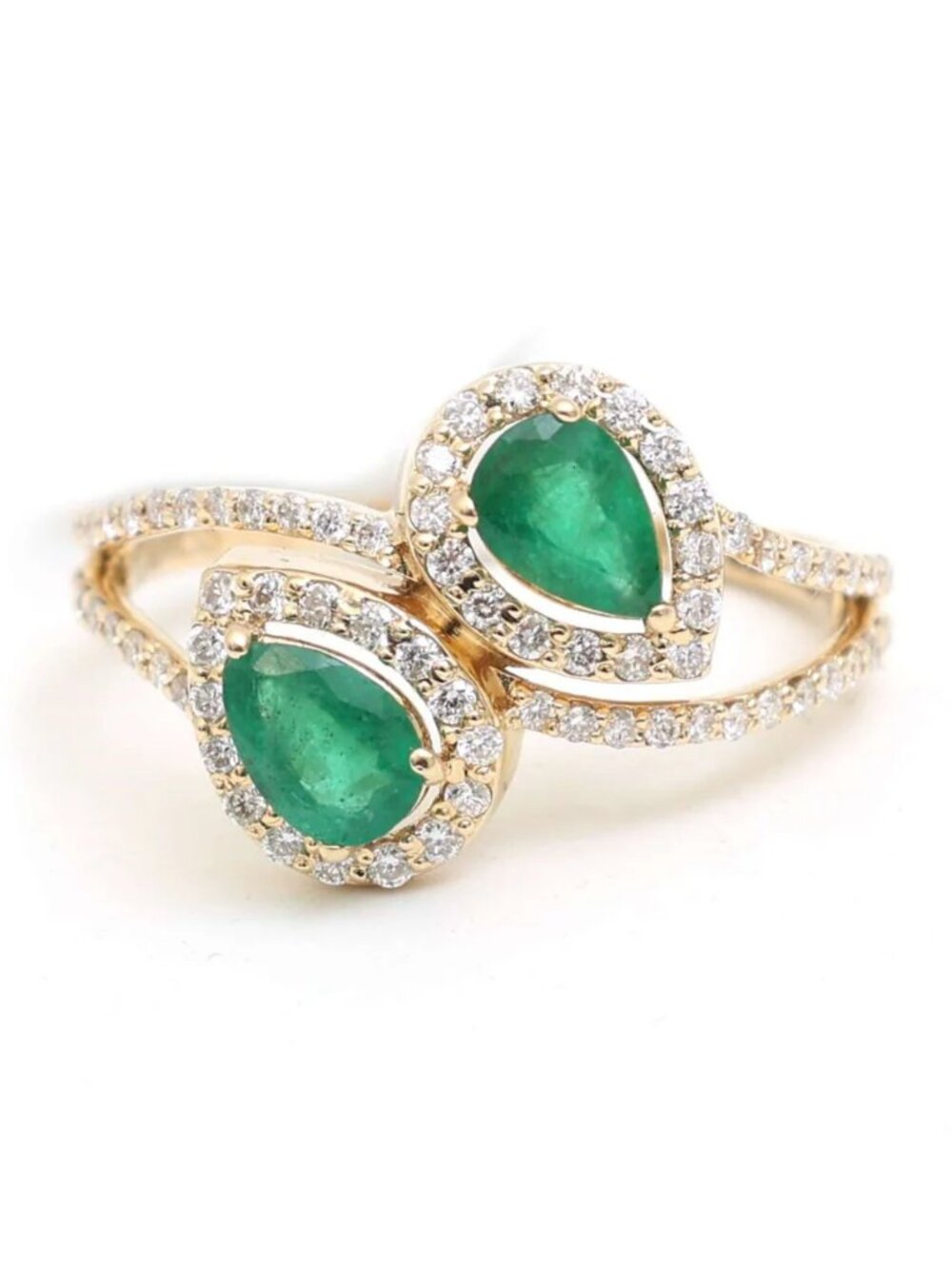 Twin Pear-Cut Emerald 14K (18K Custom) Yellow Gold Diamond Bypass Ring